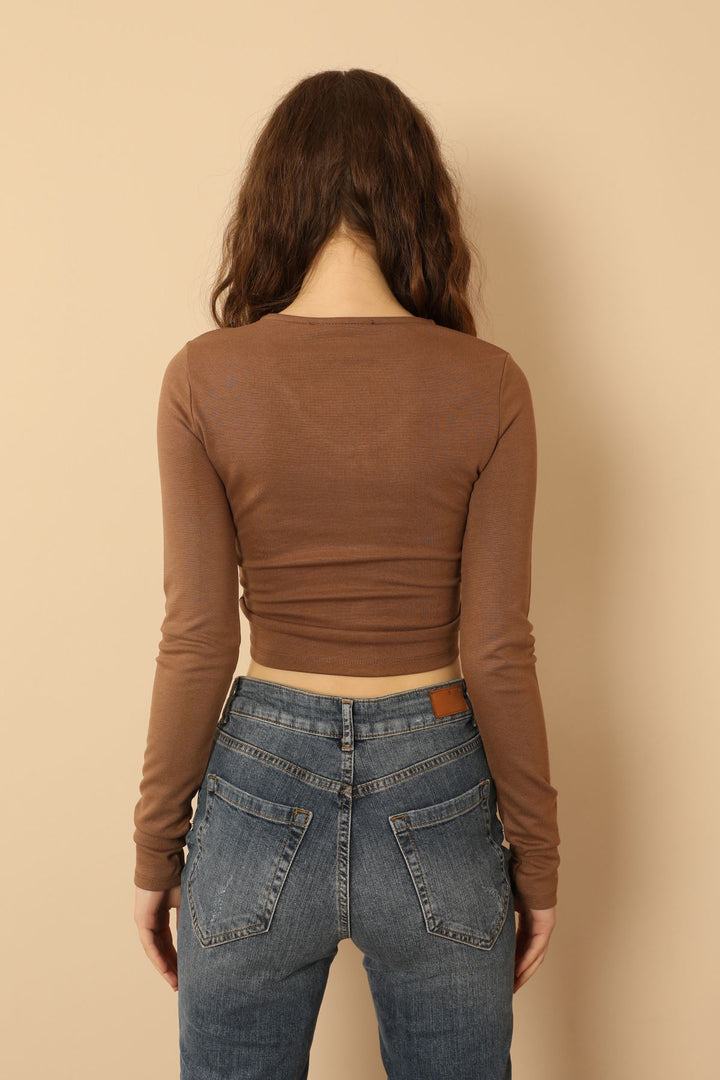 KKT Knit Fabric Long Sleeve V Neck Shirred Front Blouse - Brown - Butte