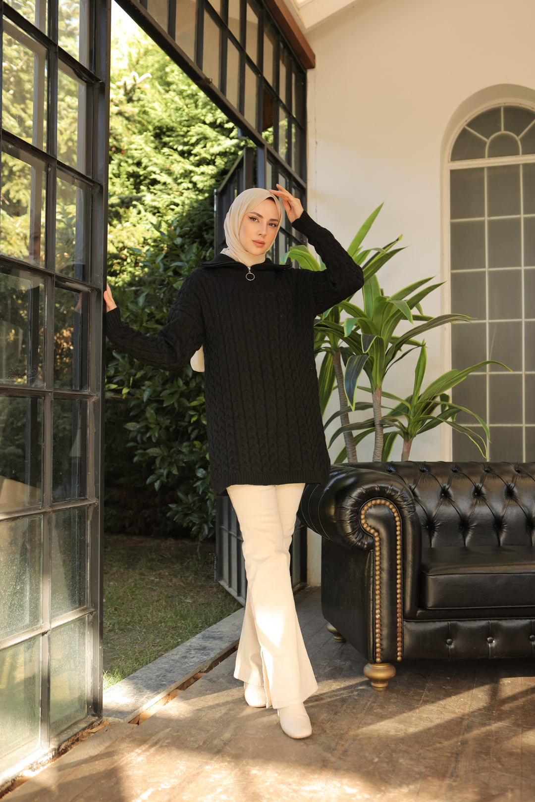 BNG Women Black Turtleneck Sweater with Zippered Knit Pattern - Clermont