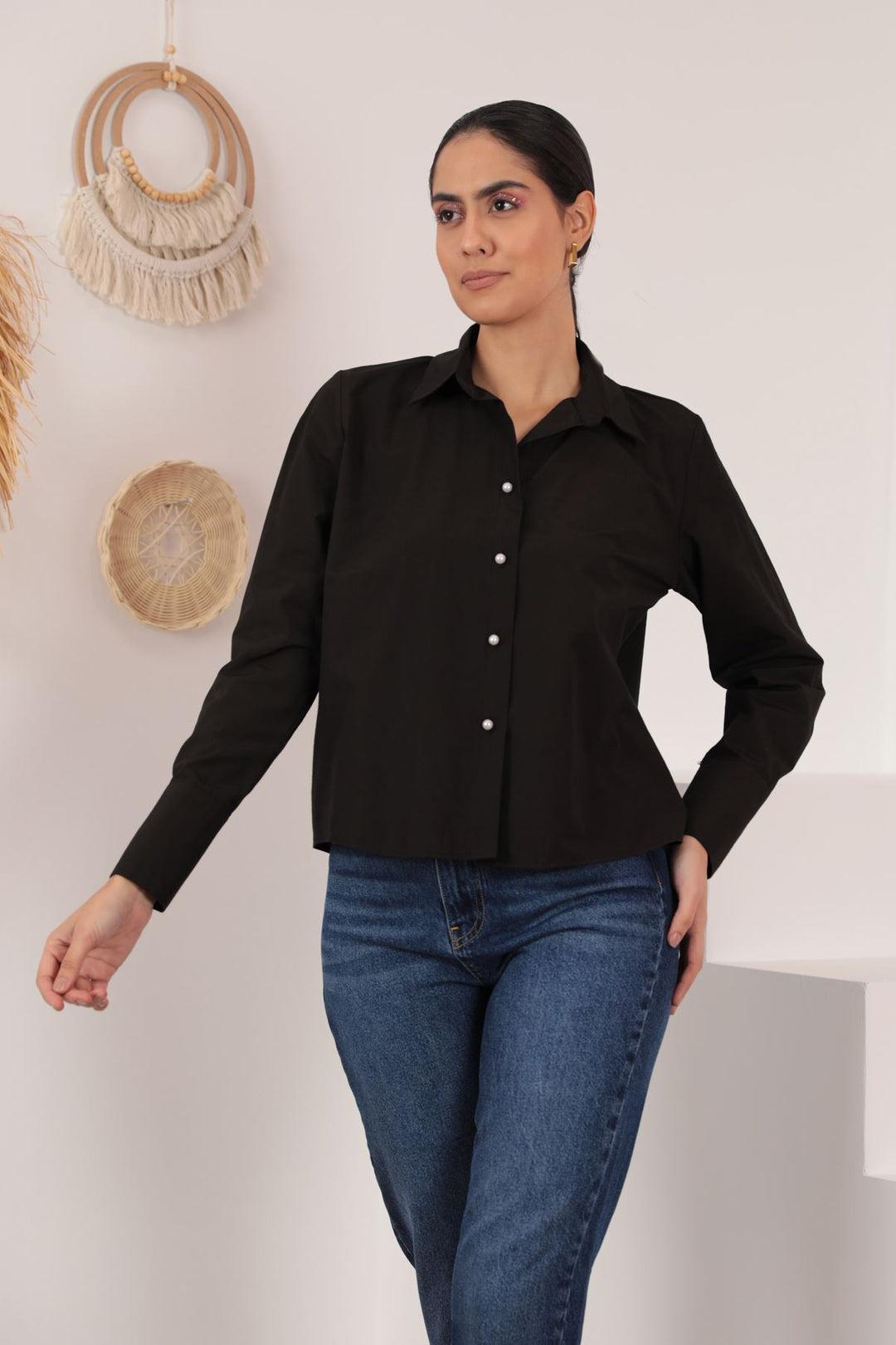 KKT Soft Fabric Crop Women's Pearl Button Detail Shirt-Brown - Orlando