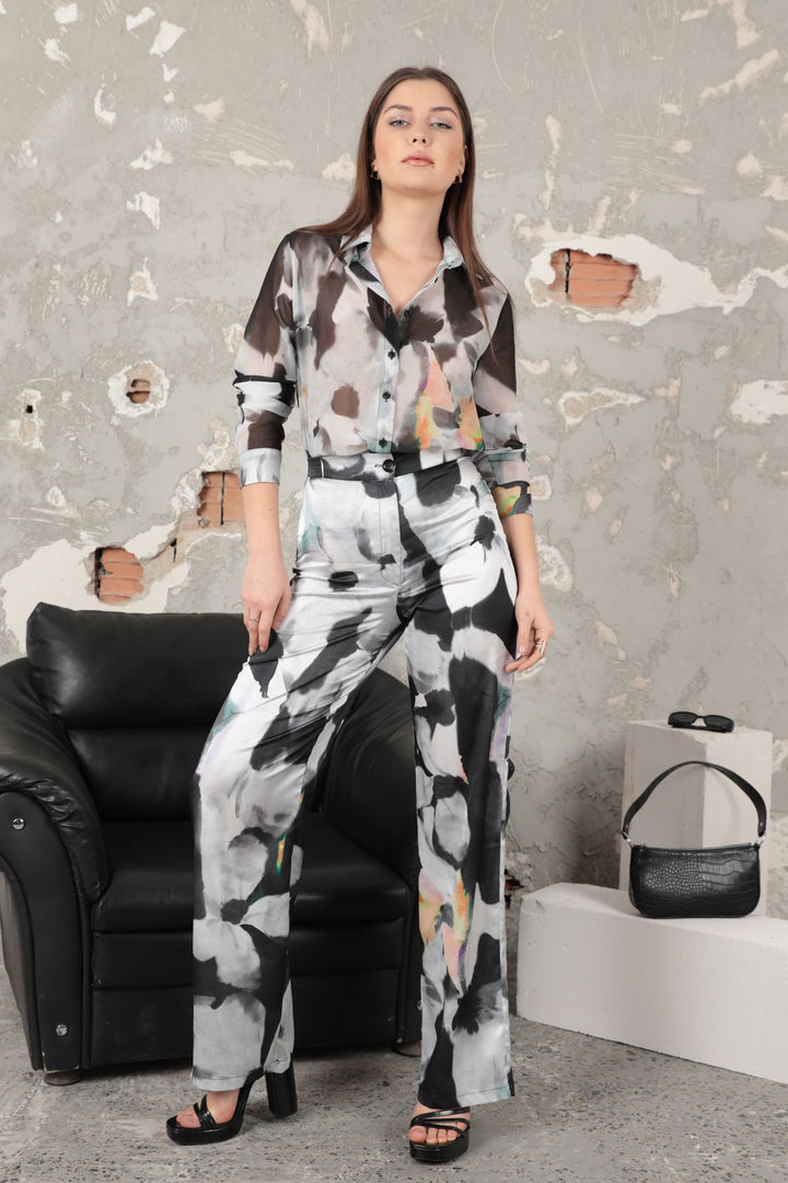 KKT Satin Fabric Watercolor Effect Floral Pattern Women's Trousers-Black - Leigh