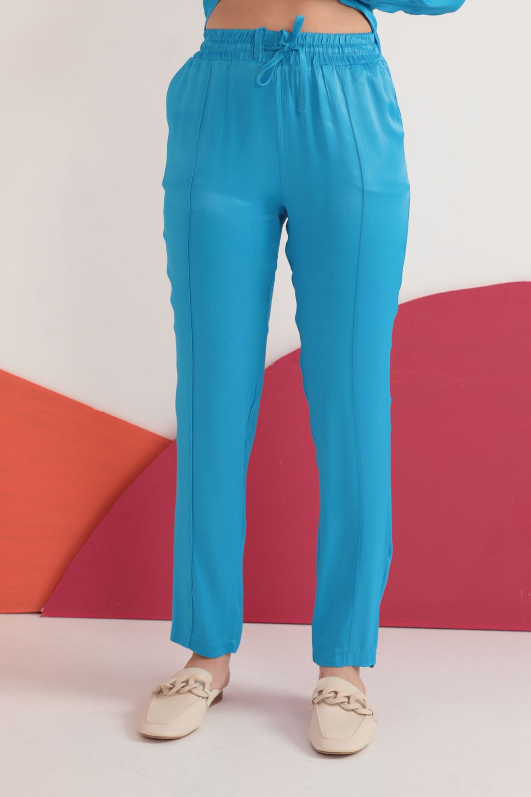 KKT Women's Satin Fabric Elastic Waist Trousers-Blue - Wallasey