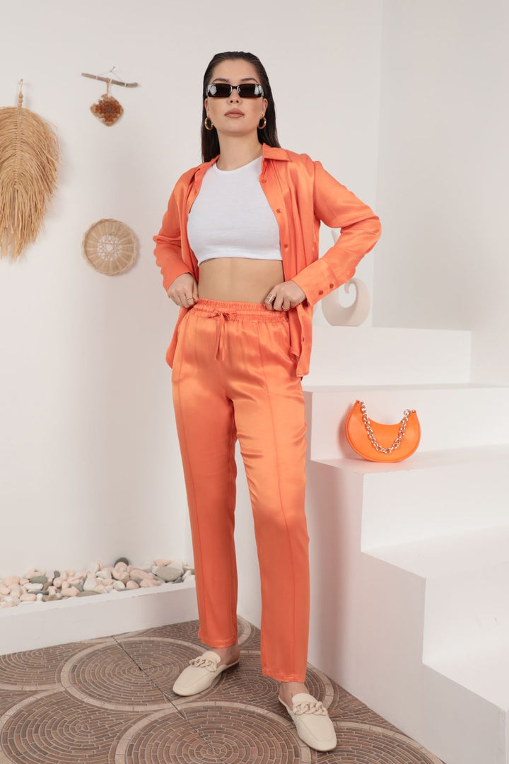 KKT Women's Satin Fabric Elastic Waist Trousers-Orange - Vila Franca de Xira