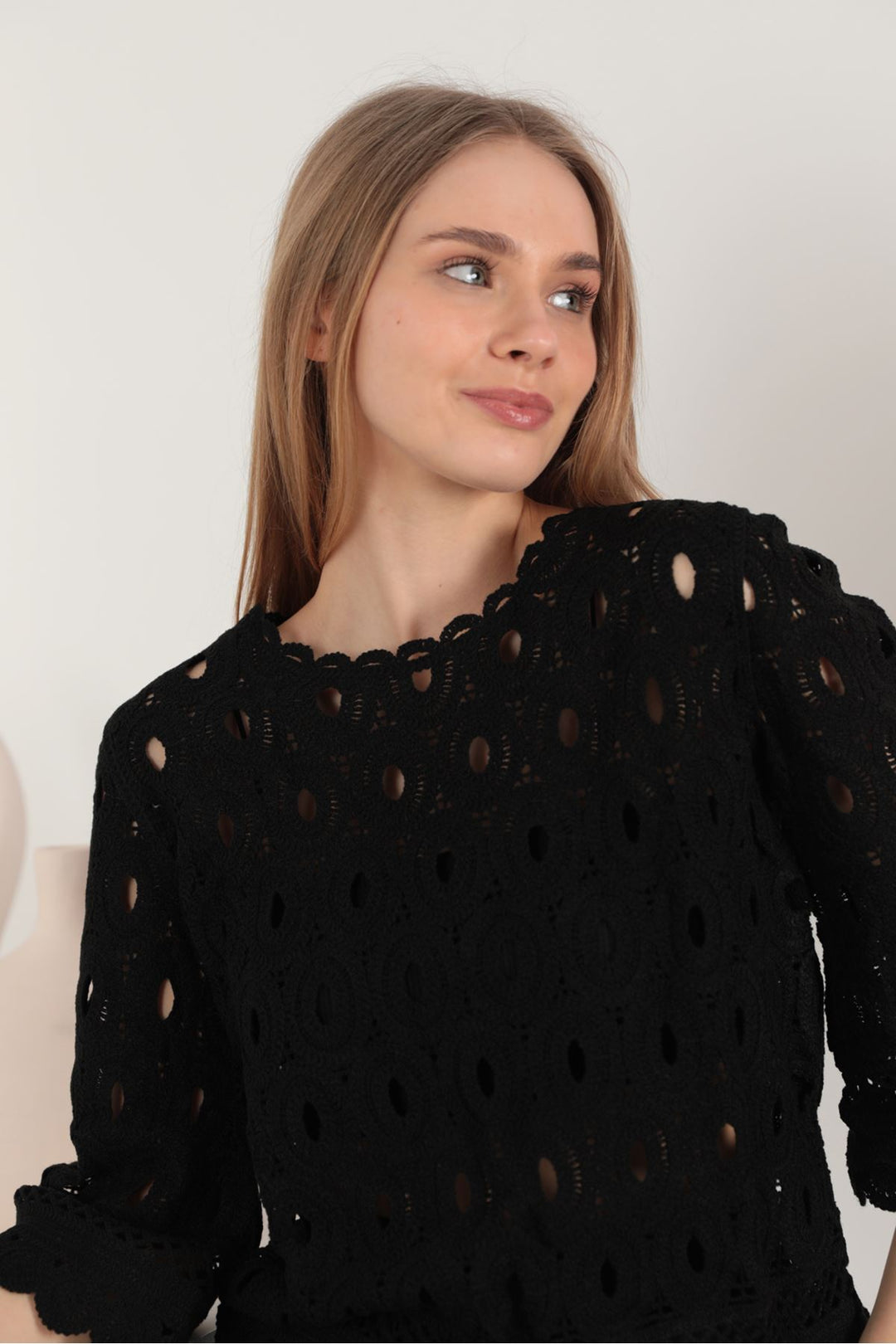 Кружеваная кражевая ткань KKT Трех четверть рукава Unciled Women Blouse Black - Playas de Rosarito