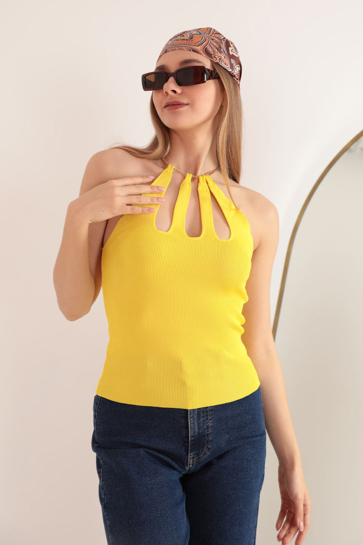 KKT Knitwear Fabric Chain Detail Women's Blouse-Yellow - Petrel