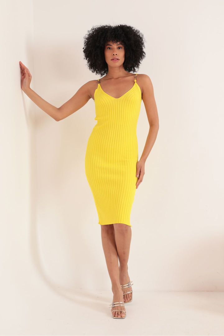 KKT Knitwear Fabric Brooch Midi Women's Dress-Yellow - Westfield