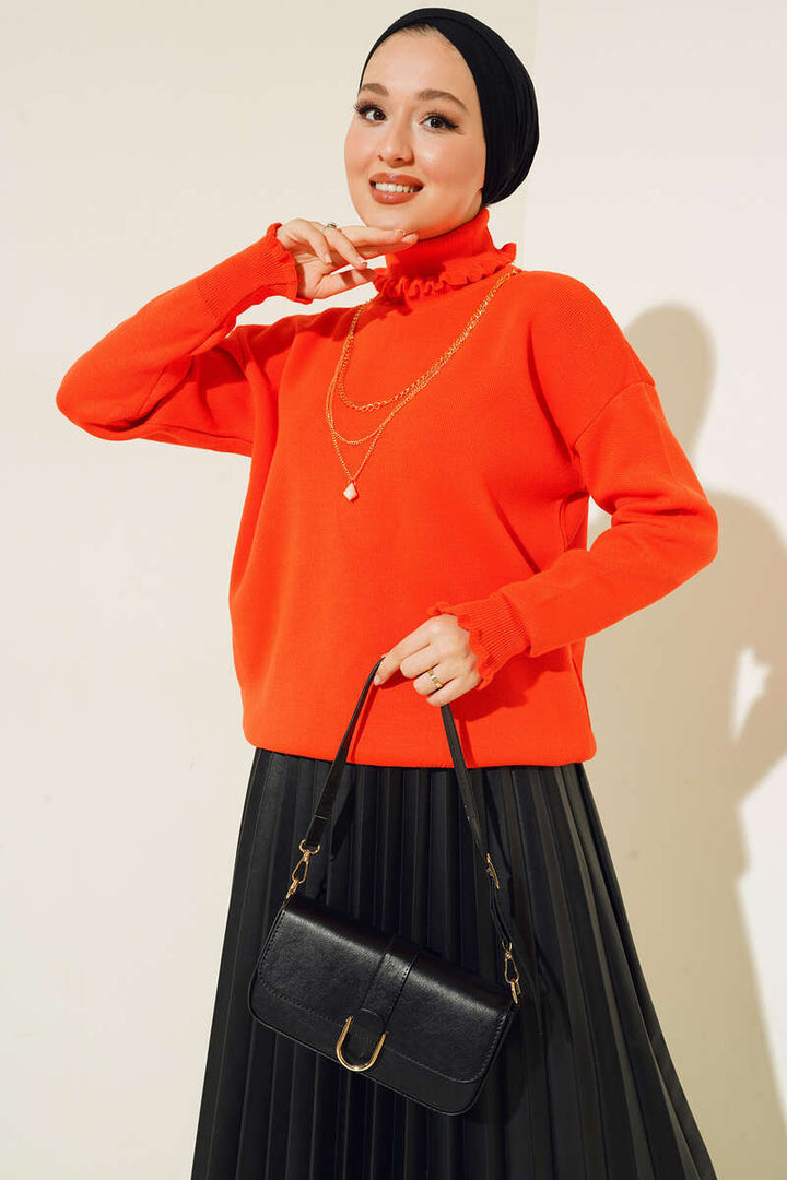 BNG Women Frilled Collar and Sleeve Sweater with Necklace Orange - Clermont