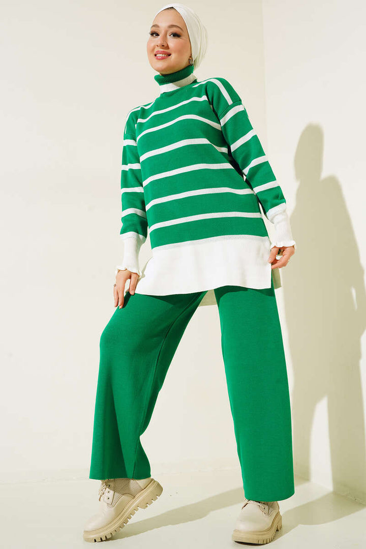 BNG Women Fisherman Collar Striped Knitwear Set Green - Clermont