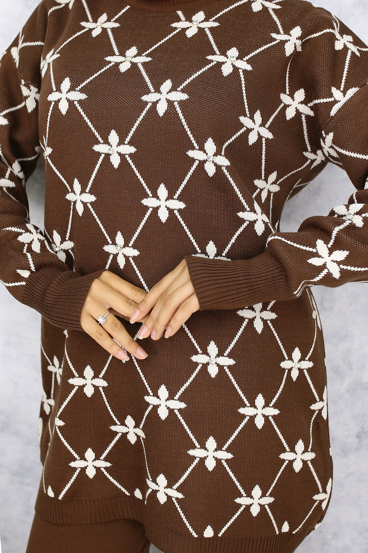 BNG Women Brown Knit Suit with Flower Pattern and Stones - Clermont