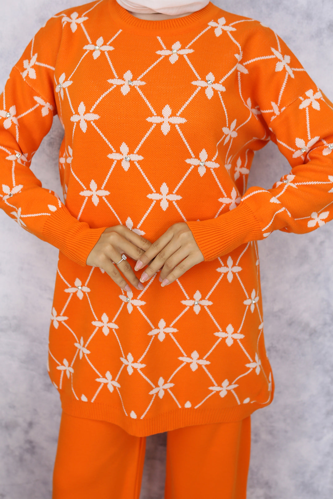 BNG Women Floral Patterned Stone-Embellished Knit Set Orange - Clermont