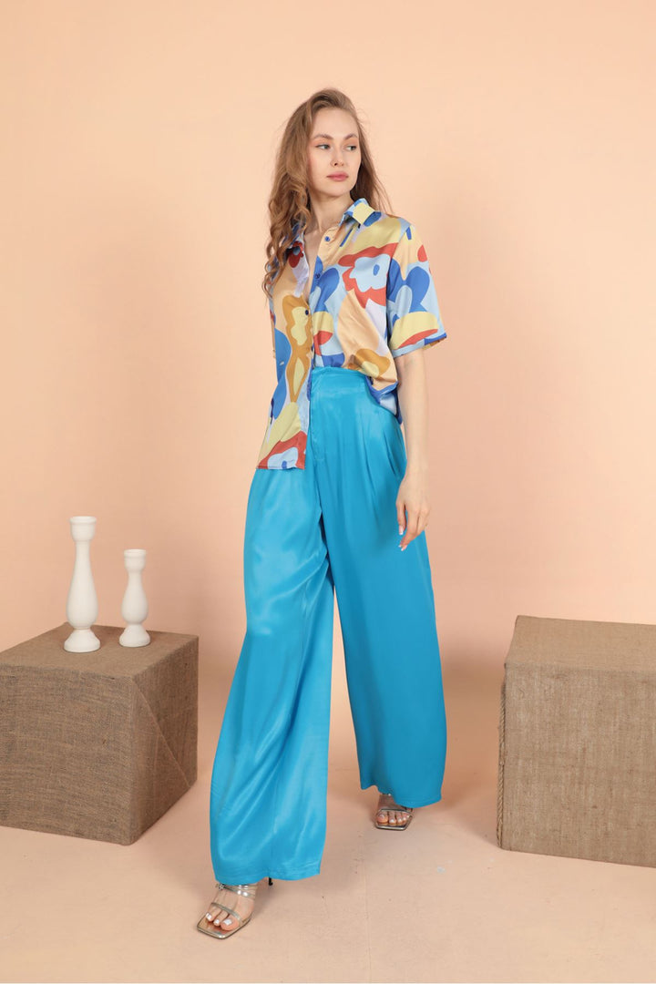 KKT Satin Fabric Pleated Women's Trousers-Blue - Argyroúpoli