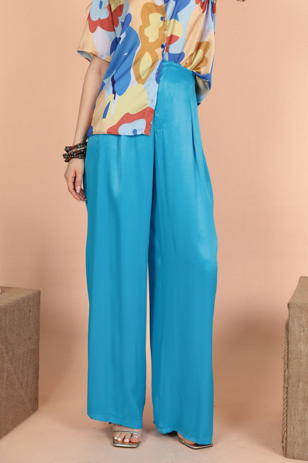 KKT Satin Fabric Pleated Women's Trousers-Blue - Argyroúpoli