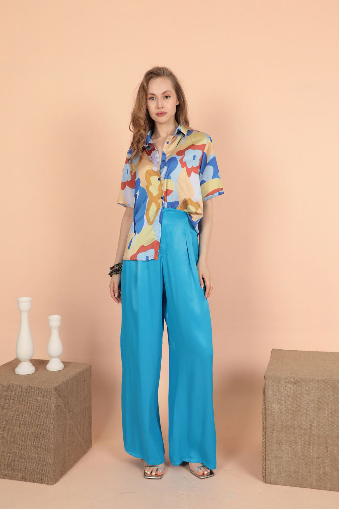 KKT Satin Fabric Pleated Women's Trousers-Blue - Argyroúpoli