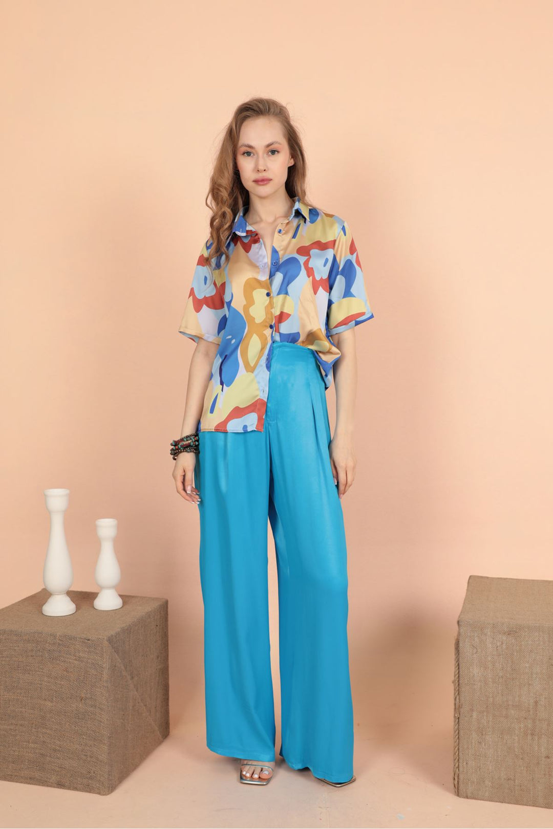 KKT Satin Fabric Pleated Women's Trousers-Blue - Argyroúpoli