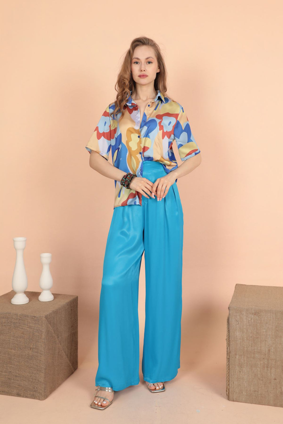 KKT Satin Fabric Pleated Women's Trousers-Blue - Argyroúpoli