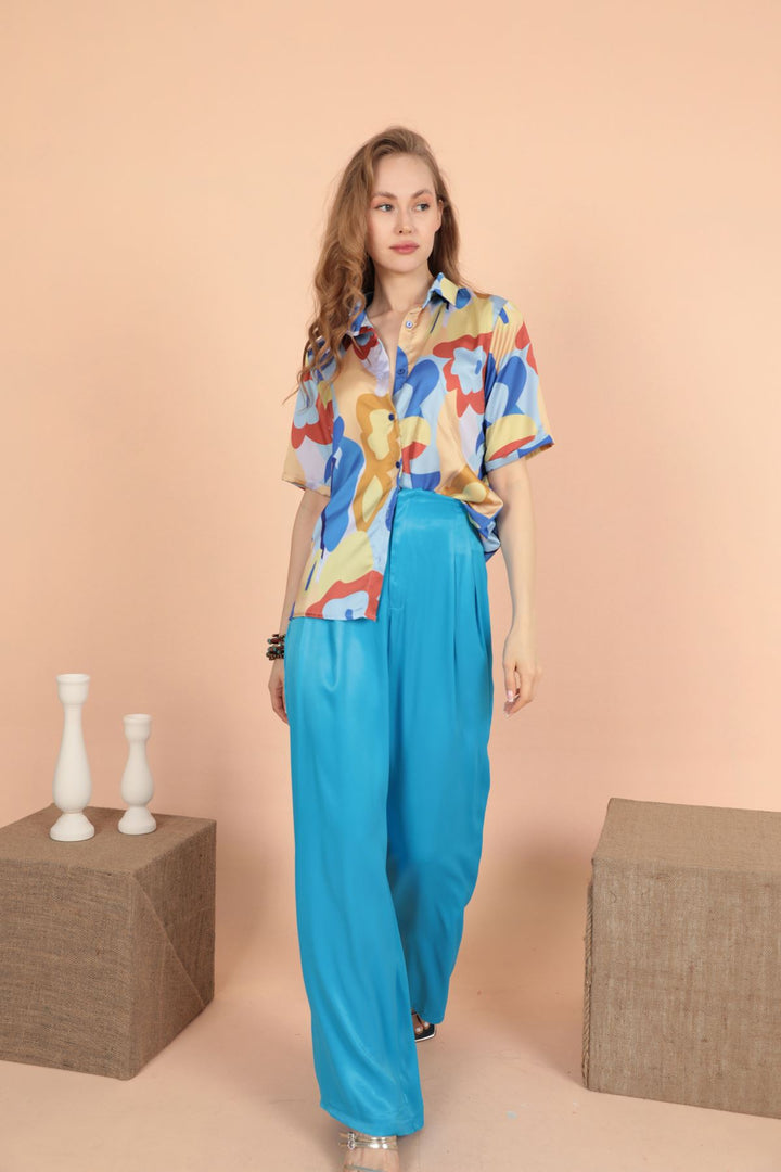 KKT Satin Fabric Pleated Women's Trousers-Blue - Argyroúpoli