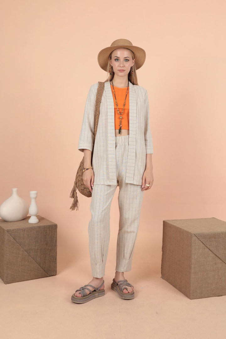 KKT Striped linen jacket-Camel Brown - Cananea