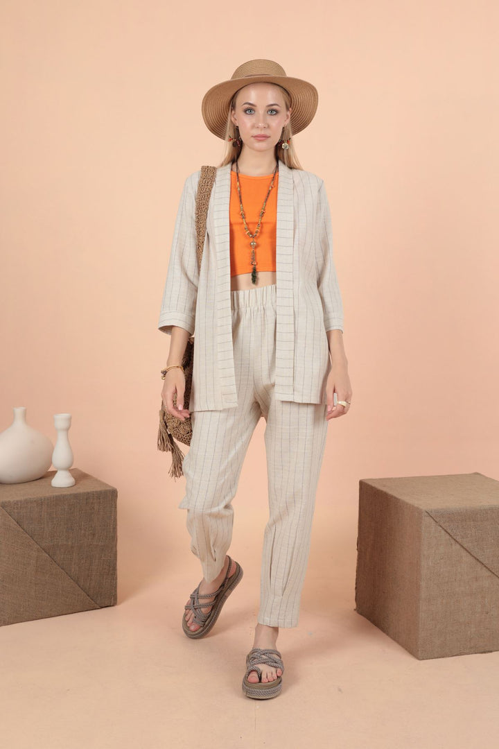 KKT Striped linen jacket-Camel Brown - Cananea