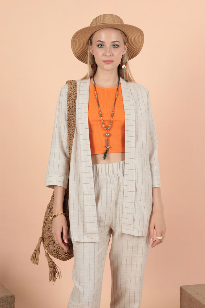 KKT Striped linen jacket-Camel Brown - Cananea