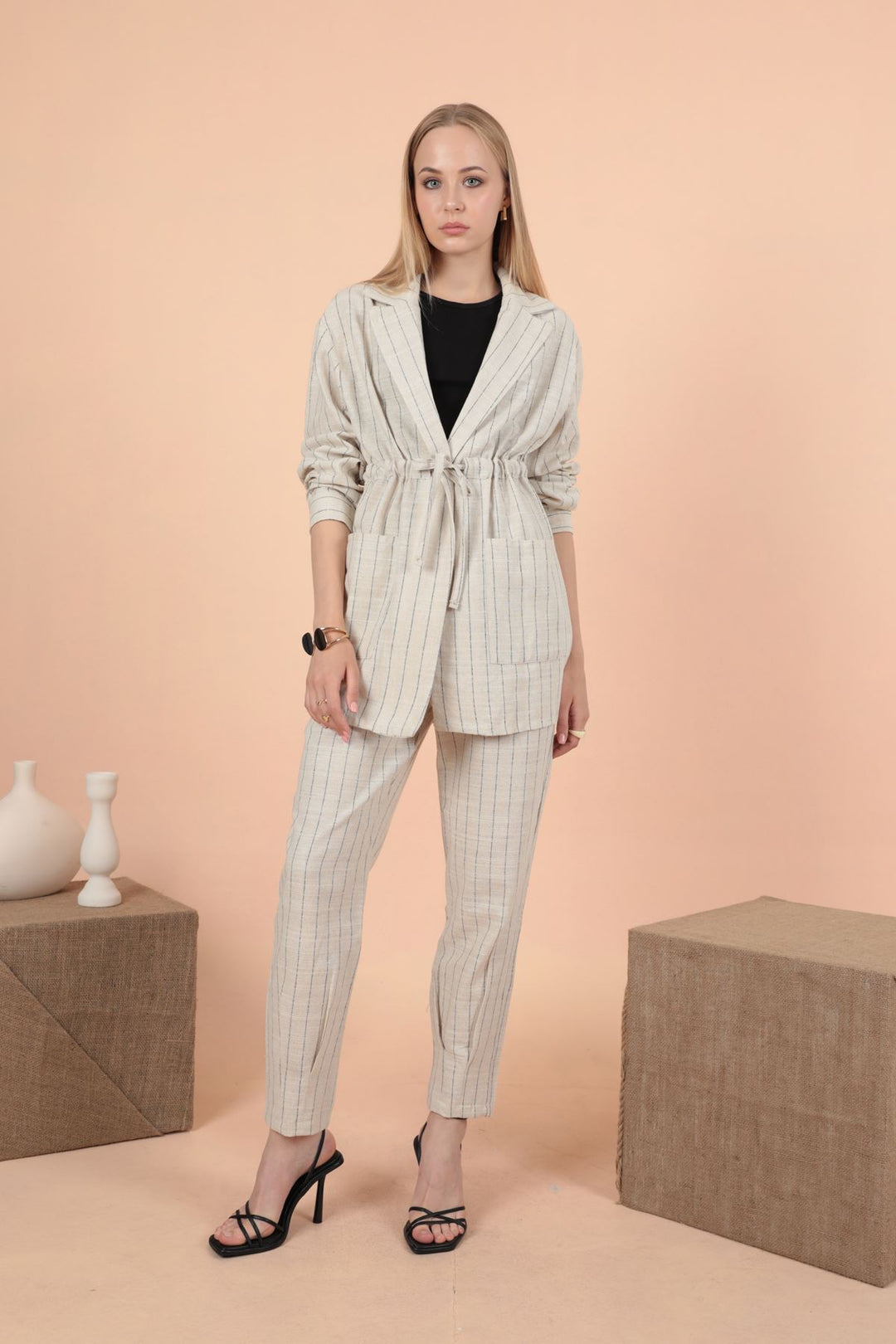 KKT Linen Striped Women's Jacket-Black - Jūrmala