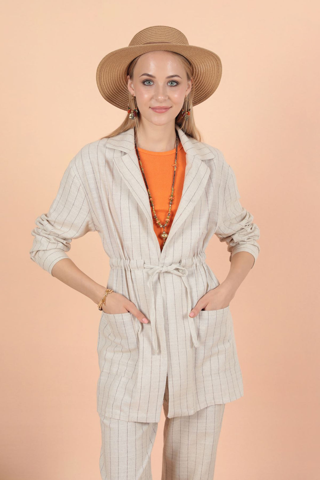 KKT Linen Striped Women's Jacket-Camel Brown - Freiberg