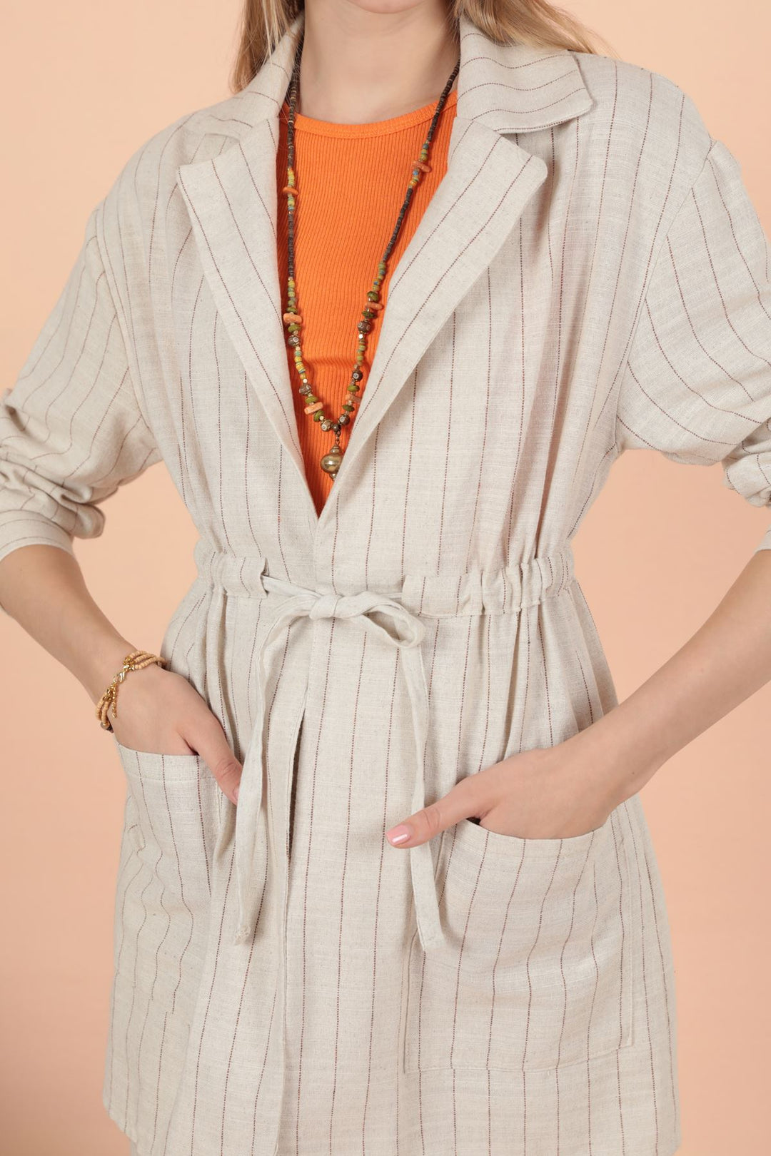 KKT Linen Striped Women's Jacket-Camel Brown - Freiberg