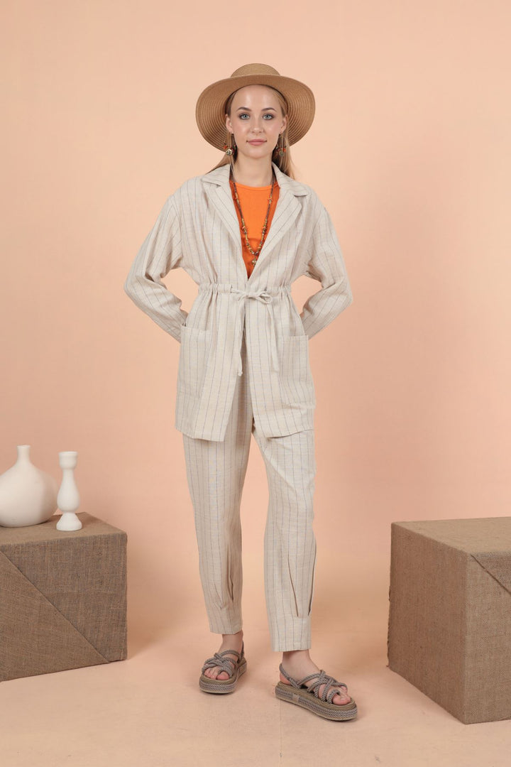 KKT Linen Striped Women's Jacket-Camel Brown - Freiberg