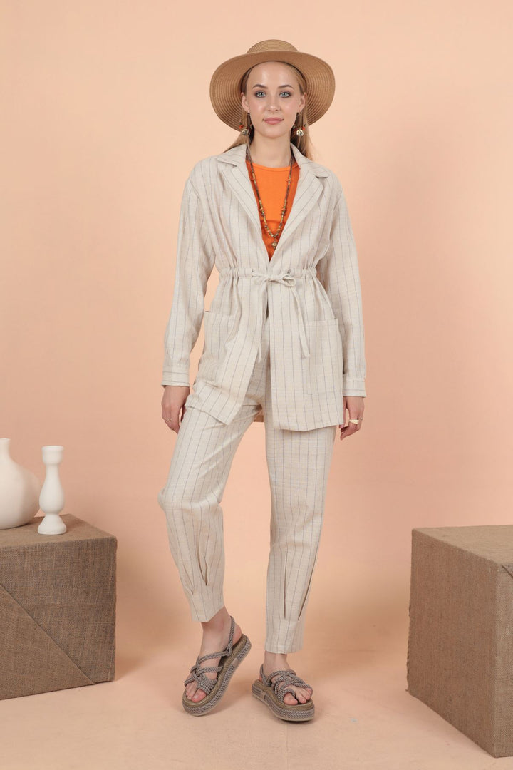 KKT Linen Striped Women's Jacket-Camel Brown - Freiberg