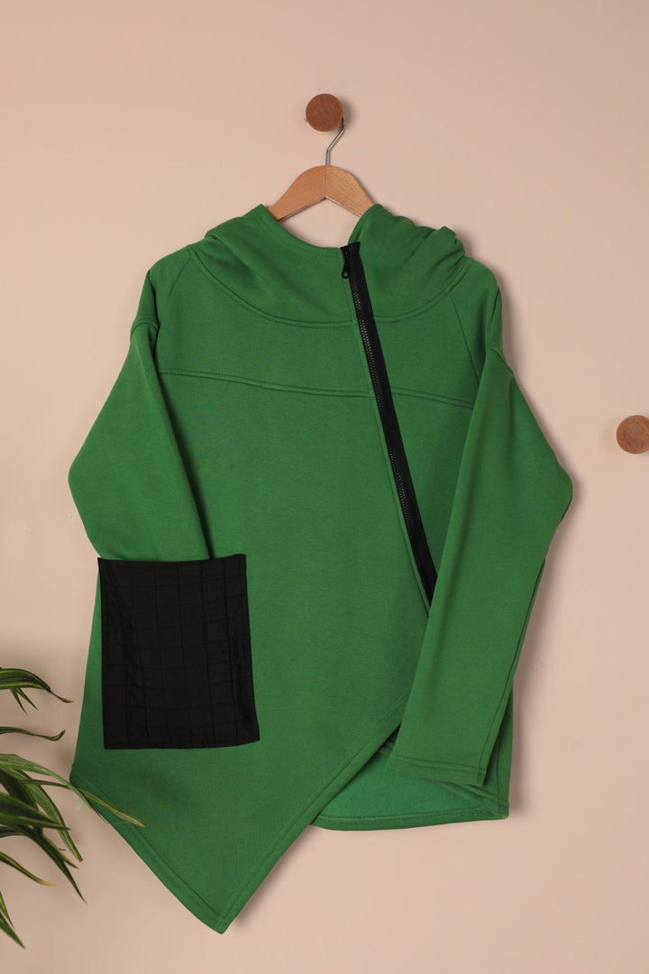 KKT Three Yarn Knitted Fabric Asymmetrical Zipper Women's Cardigan-Green - Pleasant Grove