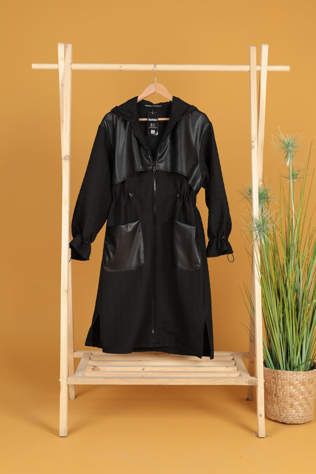 KKT Leather Fabric Jacquard Women's Trench Coat-Black - Zacatelco