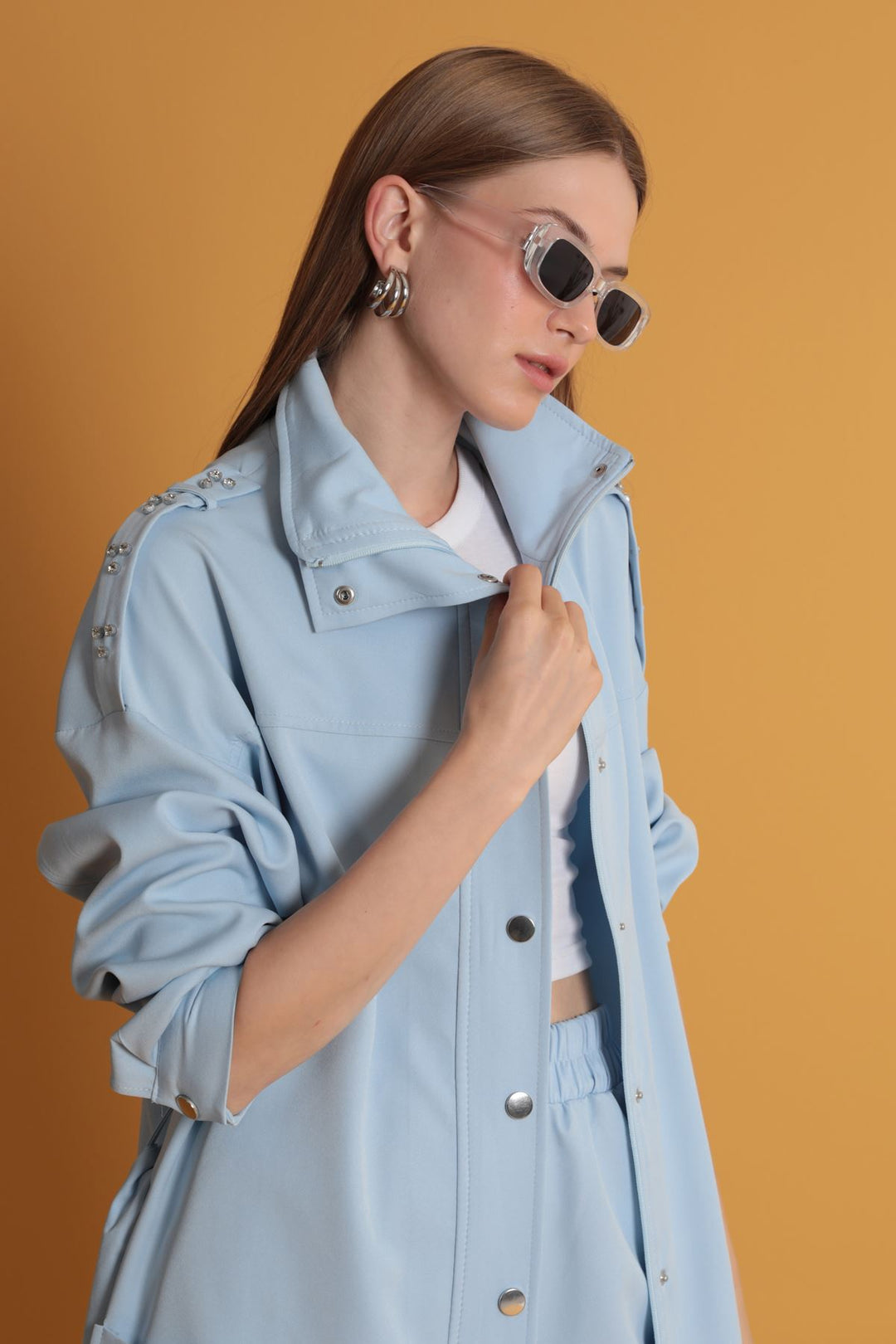 KKT Women's Baby Blue Jacket with Stone Epaulettes - San Bartolomé