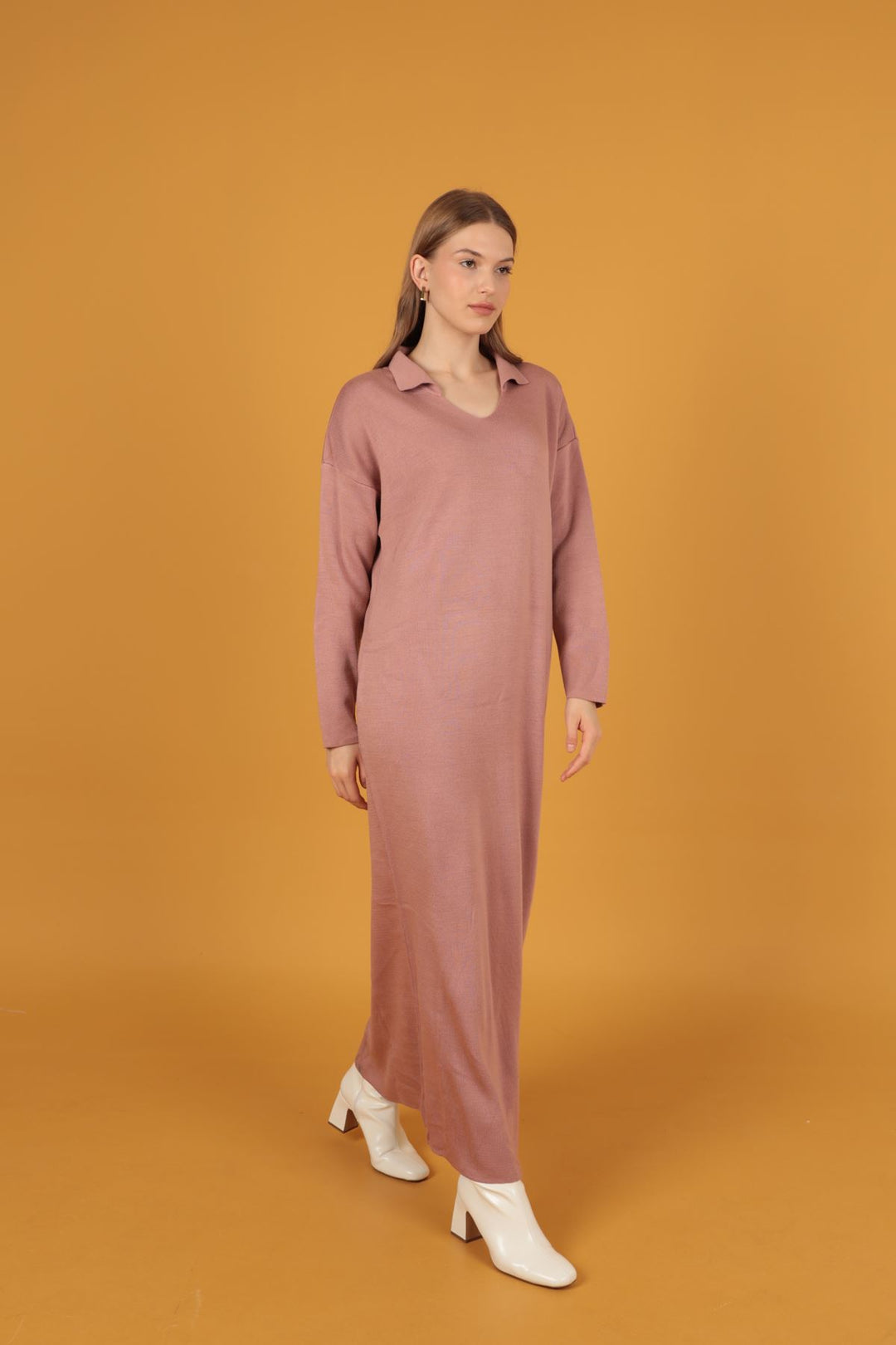 KKT Shirt Collar Knitwear Women's Dress-Rose  - Temascal