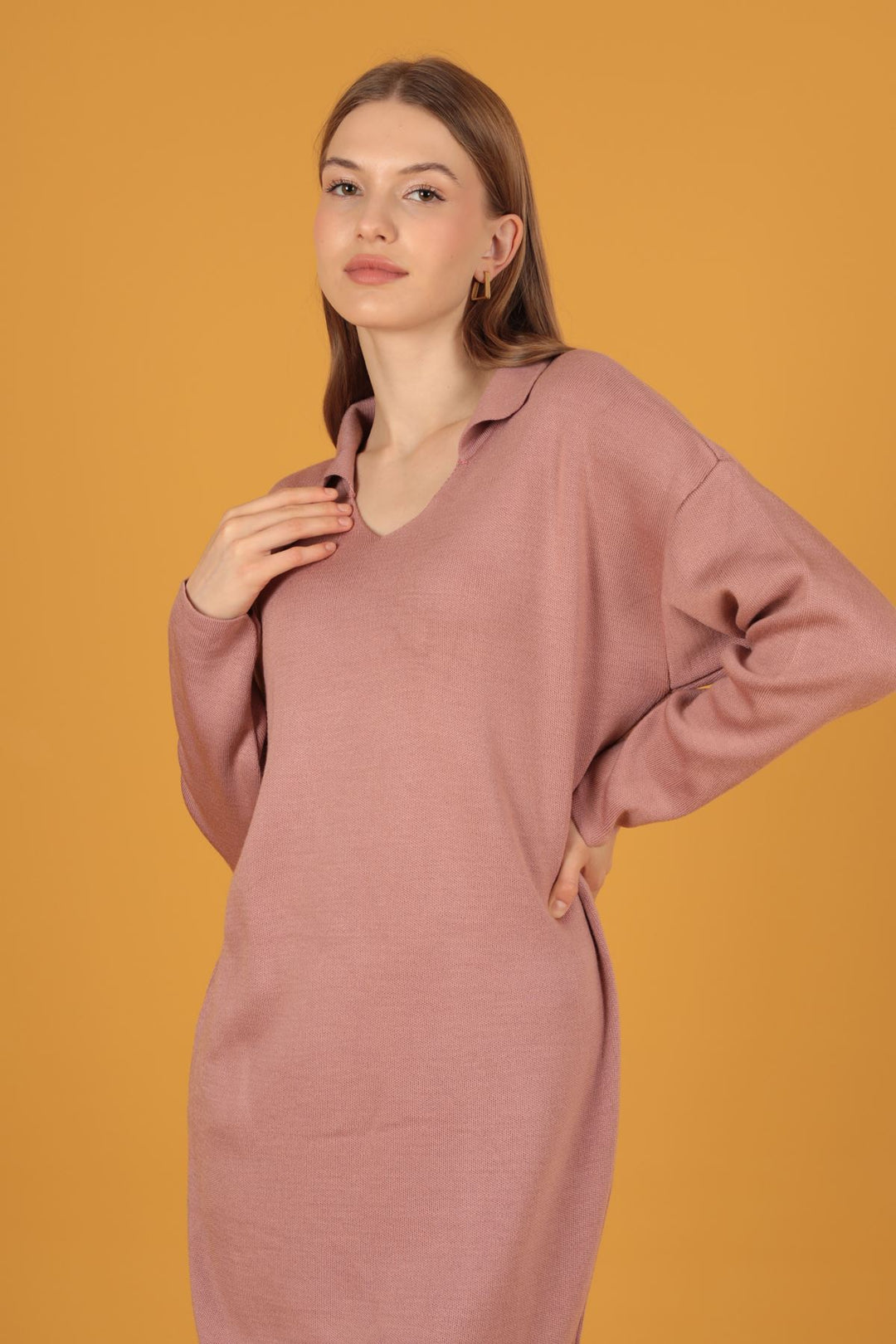 KKT Shirt Collar Knitwear Women's Dress-Rose  - Temascal