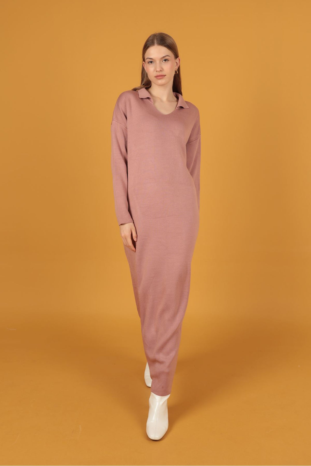 KKT Shirt Collar Knitwear Women's Dress-Rose  - Temascal