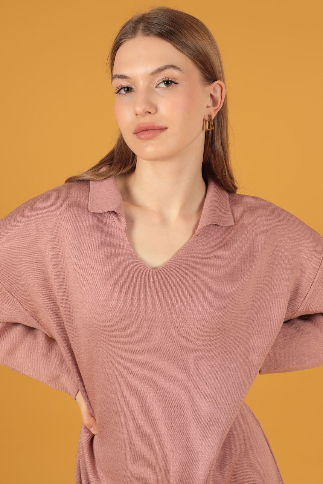 KKT Shirt Collar Knitwear Women's Dress-Rose  - Temascal