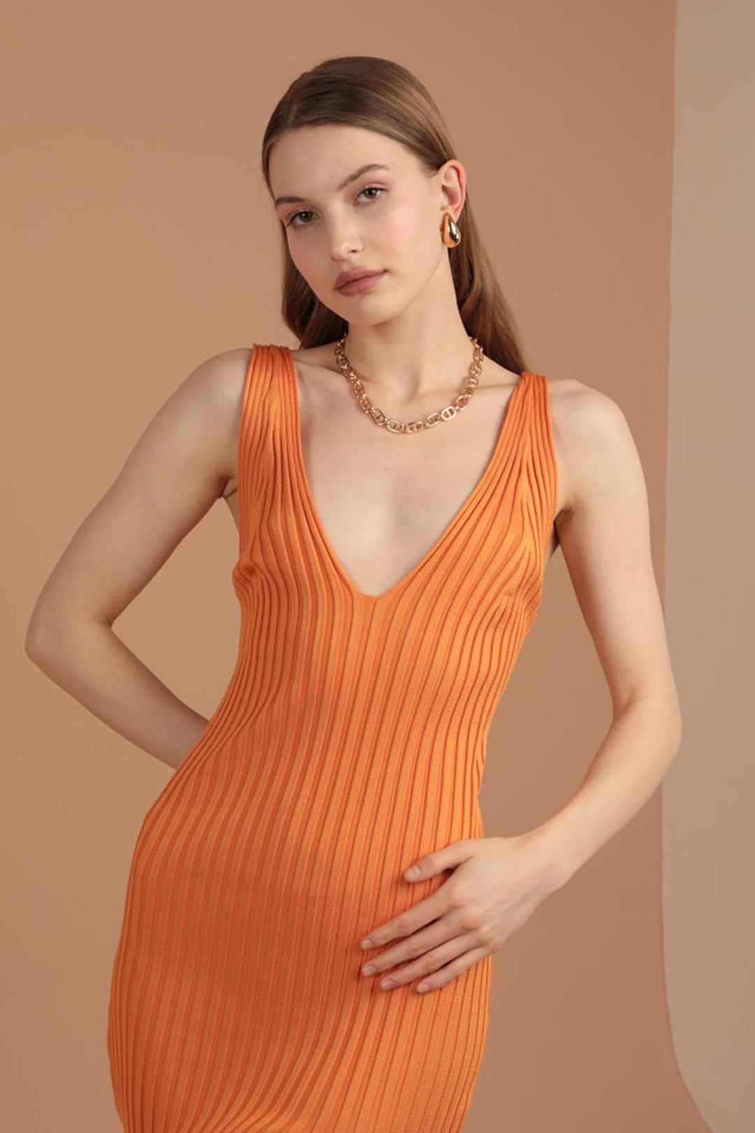 KKT Knitwear Fabric V-Neck Women's Dress-Orange - Birmingham