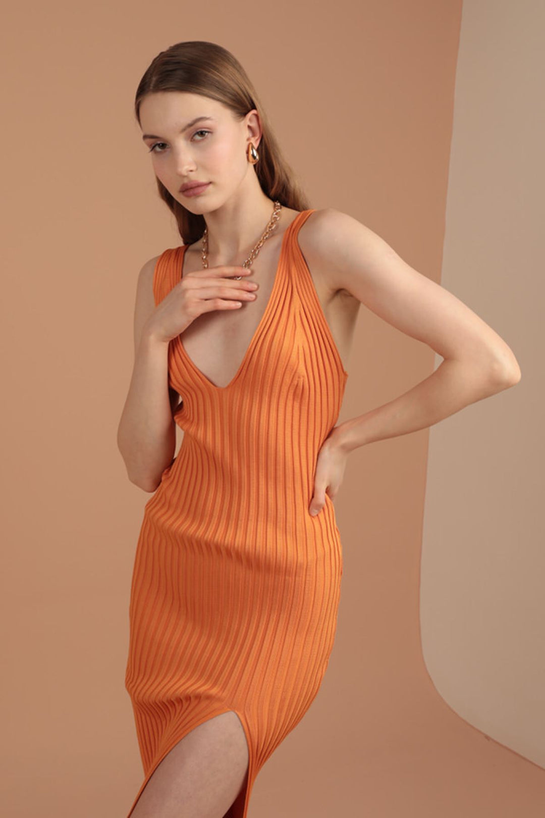 KKT Knitwear Fabric V-Neck Women's Dress-Orange - Birmingham