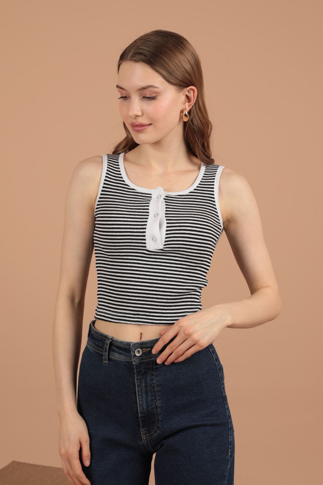 KKT Camisole Striped Fabric Placket Snap Fastener Women's Blouse-Ecru - Oldenburg