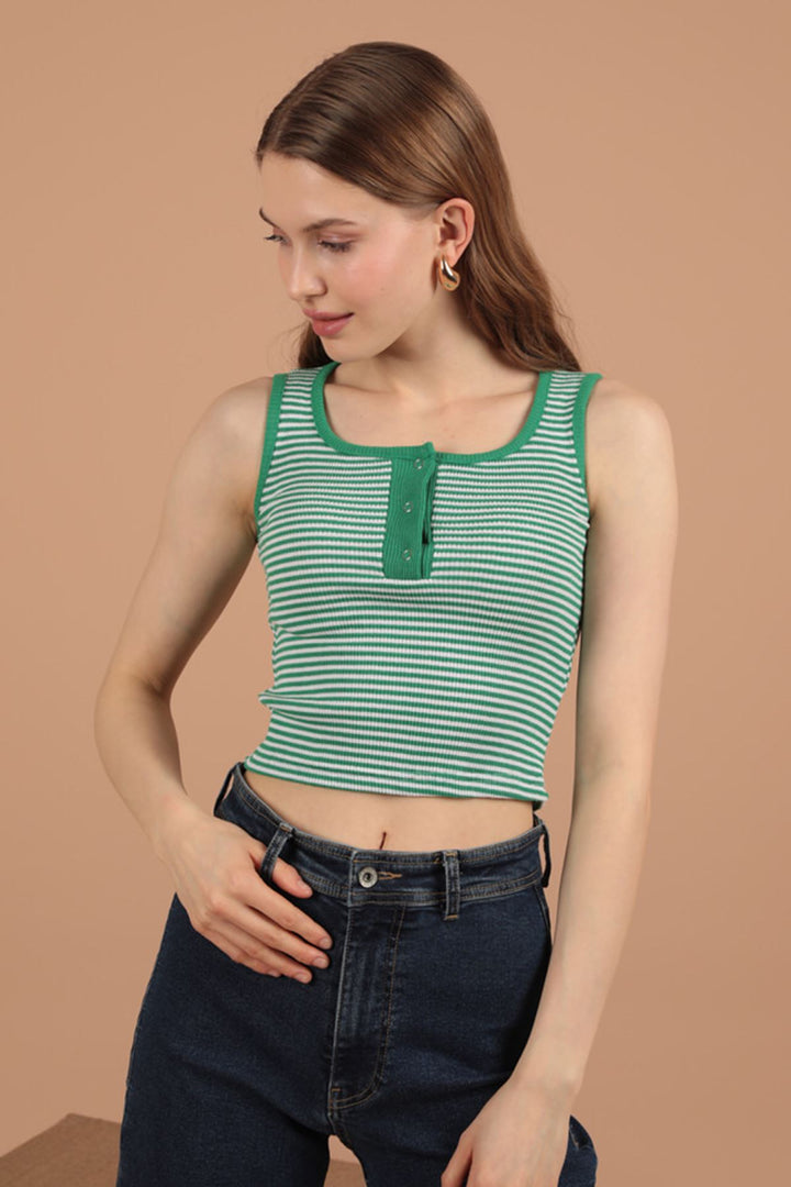 KKT Camisole Striped Fabric Placket Snap Fastener Women's Blouse-Green - Janesville