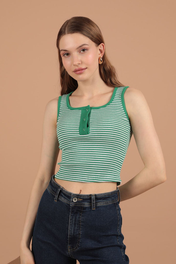 KKT Camisole Striped Fabric Placket Snap Fastener Women's Blouse-Green - Janesville