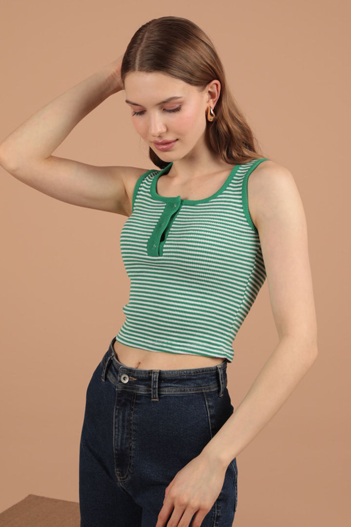 KKT Camisole Striped Fabric Placket Snap Fastener Women's Blouse-Green - Janesville