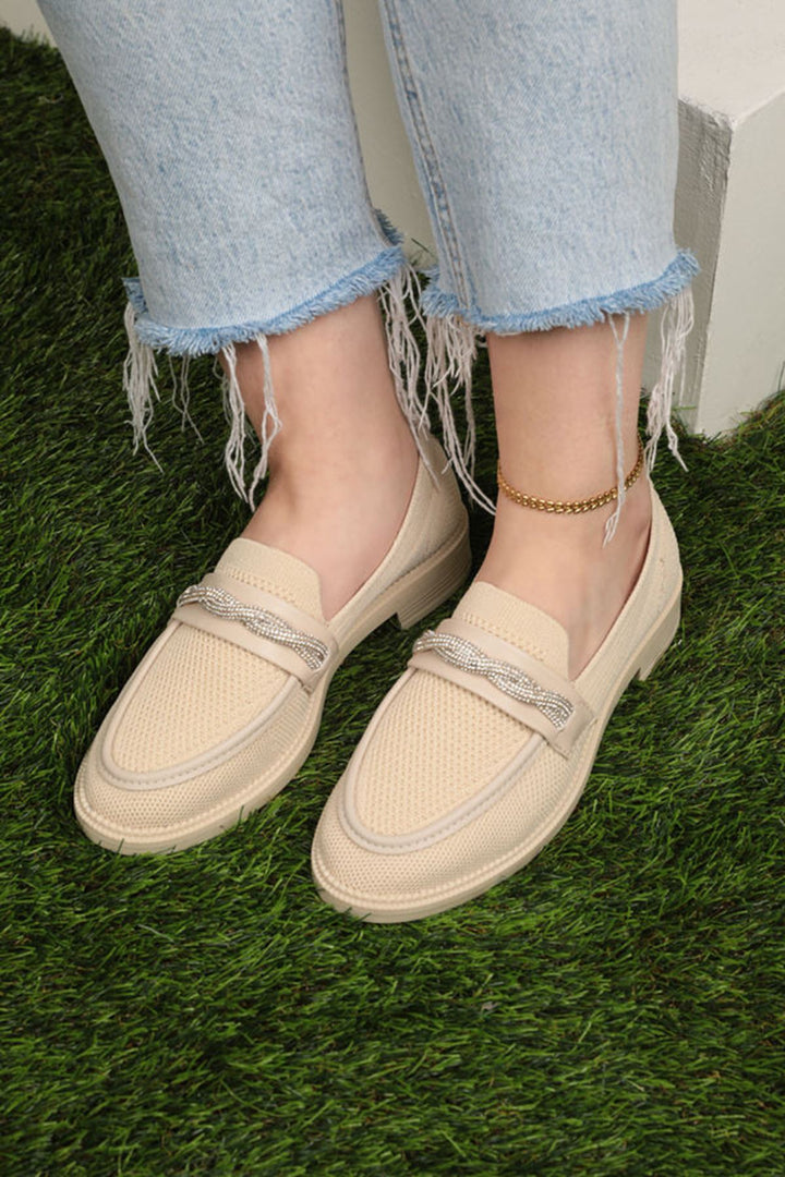 KKT Daily Double Ribbon Buckle Cloth Loafer Women's Shoes-Beige - Playa del Carmen