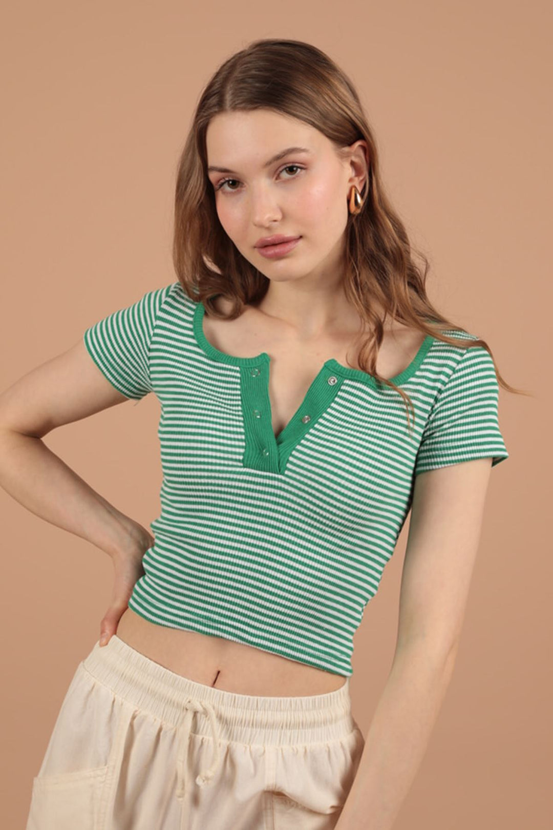 KKT Camisole Striped Fabric Short Sleeve Women's Blouse-Green - Roanne