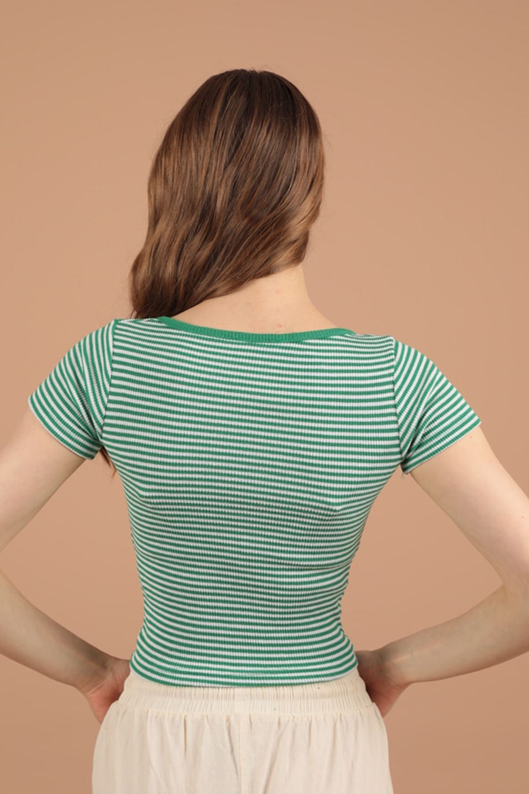 KKT Camisole Striped Fabric Short Sleeve Women's Blouse-Green - Roanne