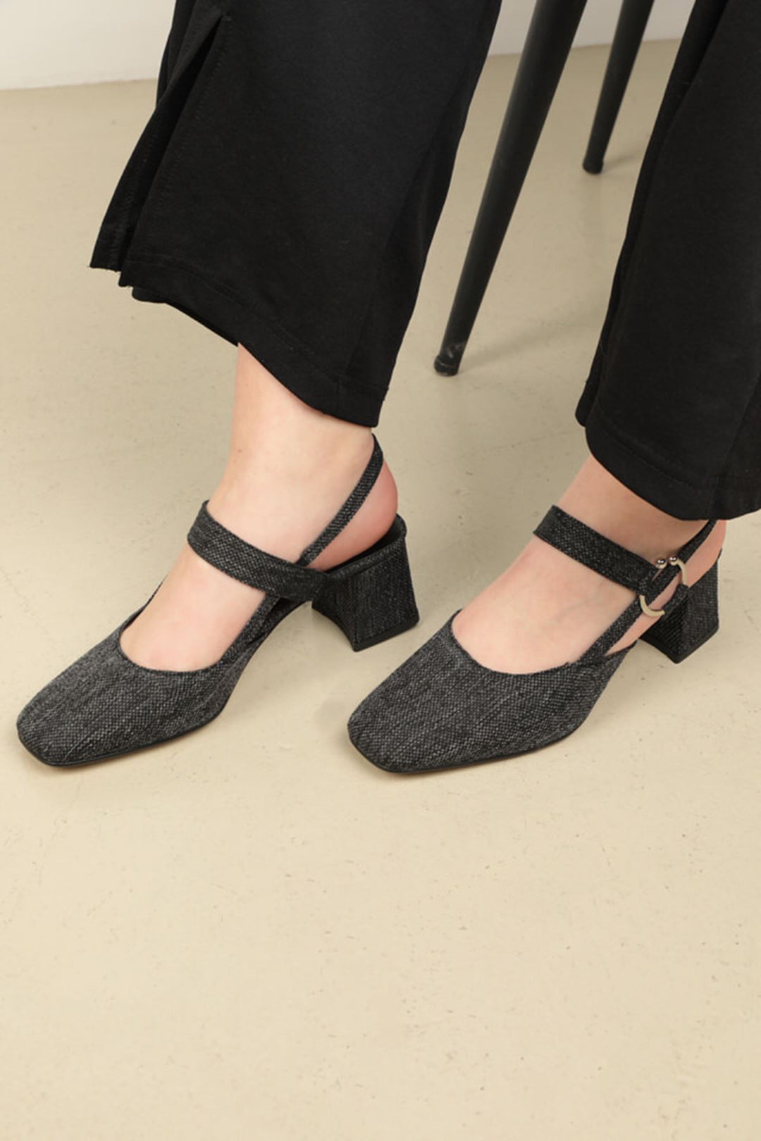 KKT Linen Buckle Women's Heeled Shoes-Black - La Porte