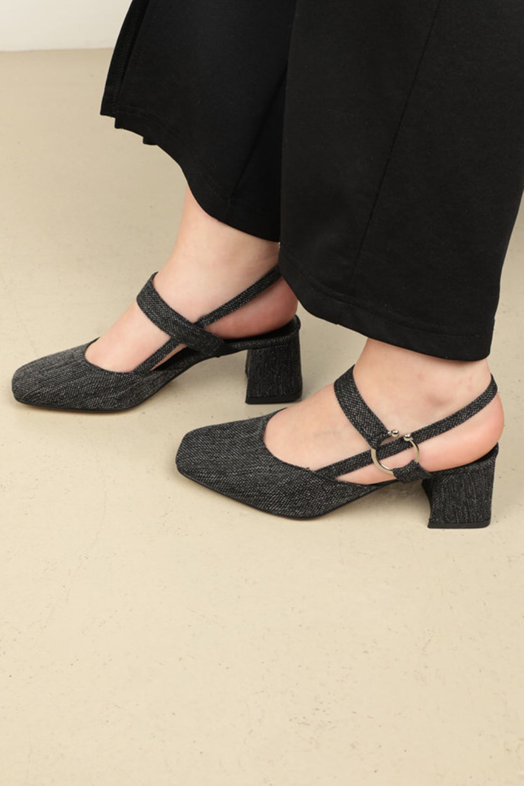 KKT Linen Buckle Women's Heeled Shoes-Black - La Porte