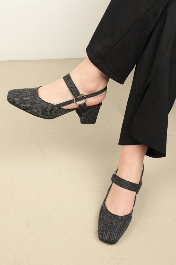 KKT Linen Buckle Women's Heeled Shoes-Black - La Porte