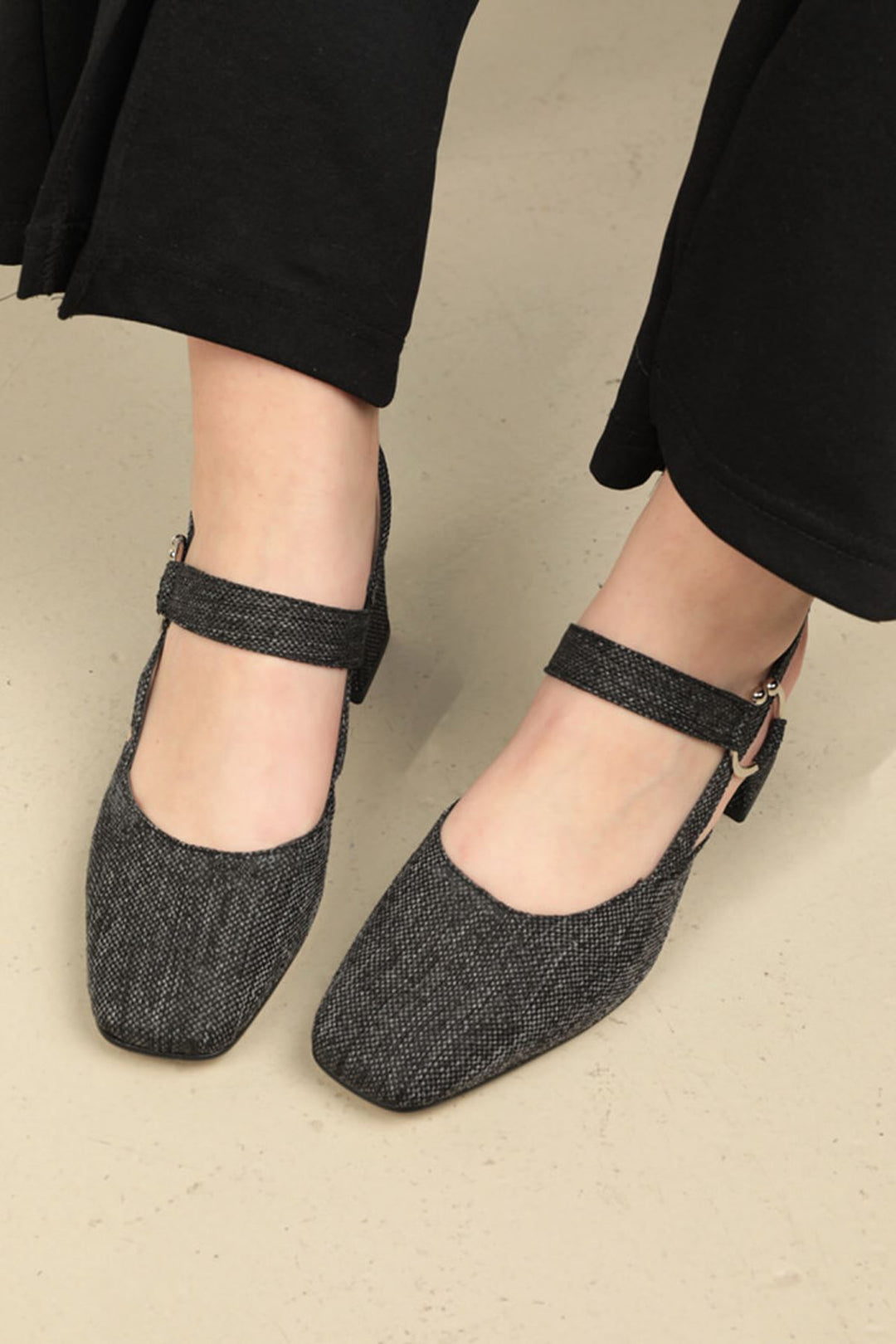 KKT Linen Buckle Women's Heeled Shoes-Black - La Porte