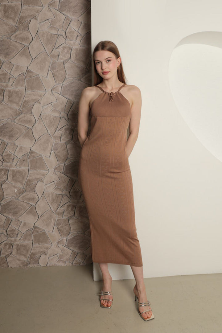 KKT Knitwear Fabric Drawstring Halter Neck Women's Dobby Dress-Light Brown - Neubrandenburg