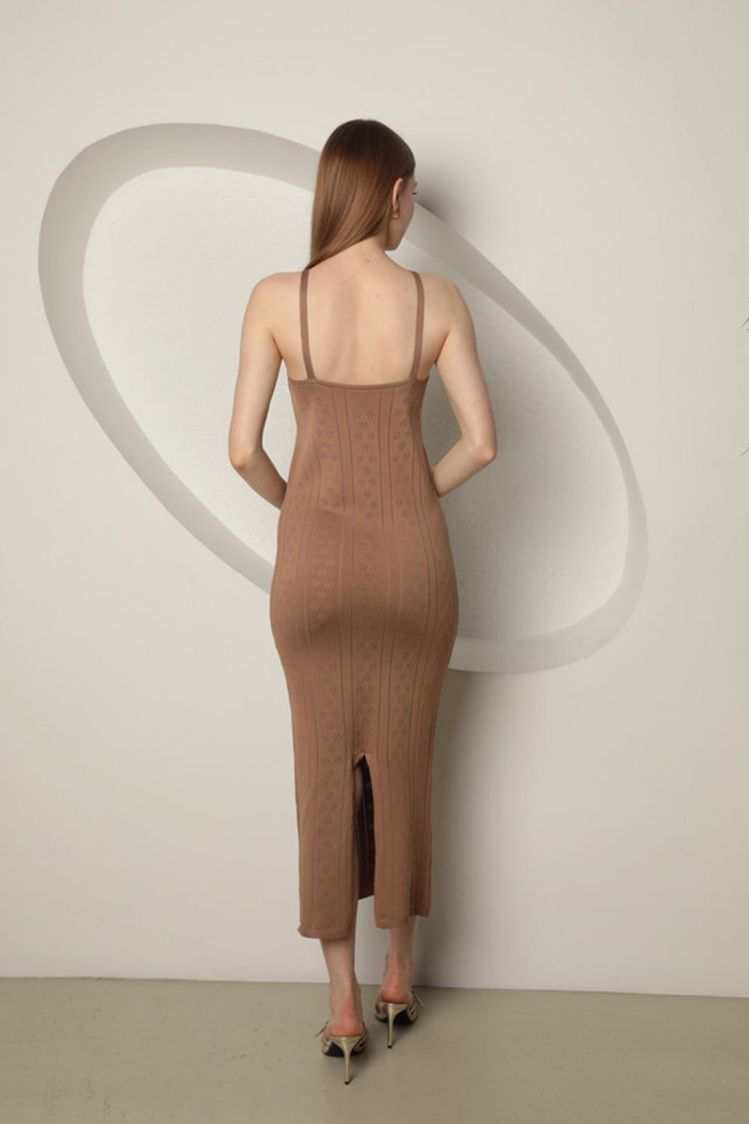 KKT Knitwear Fabric Drawstring Halter Neck Women's Dobby Dress-Light Brown - Neubrandenburg