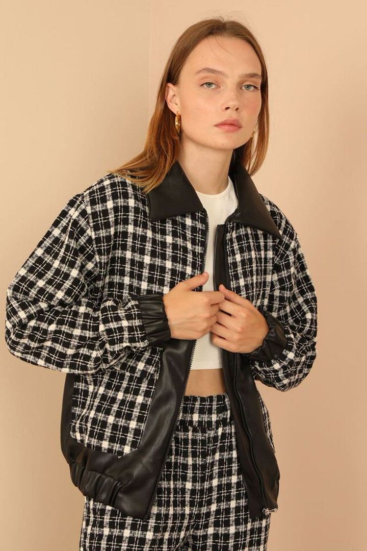 KKT Channel Woven Fabrics Shirt Collar Hip Height Striped Women Jacket - Black - Huntington Beach